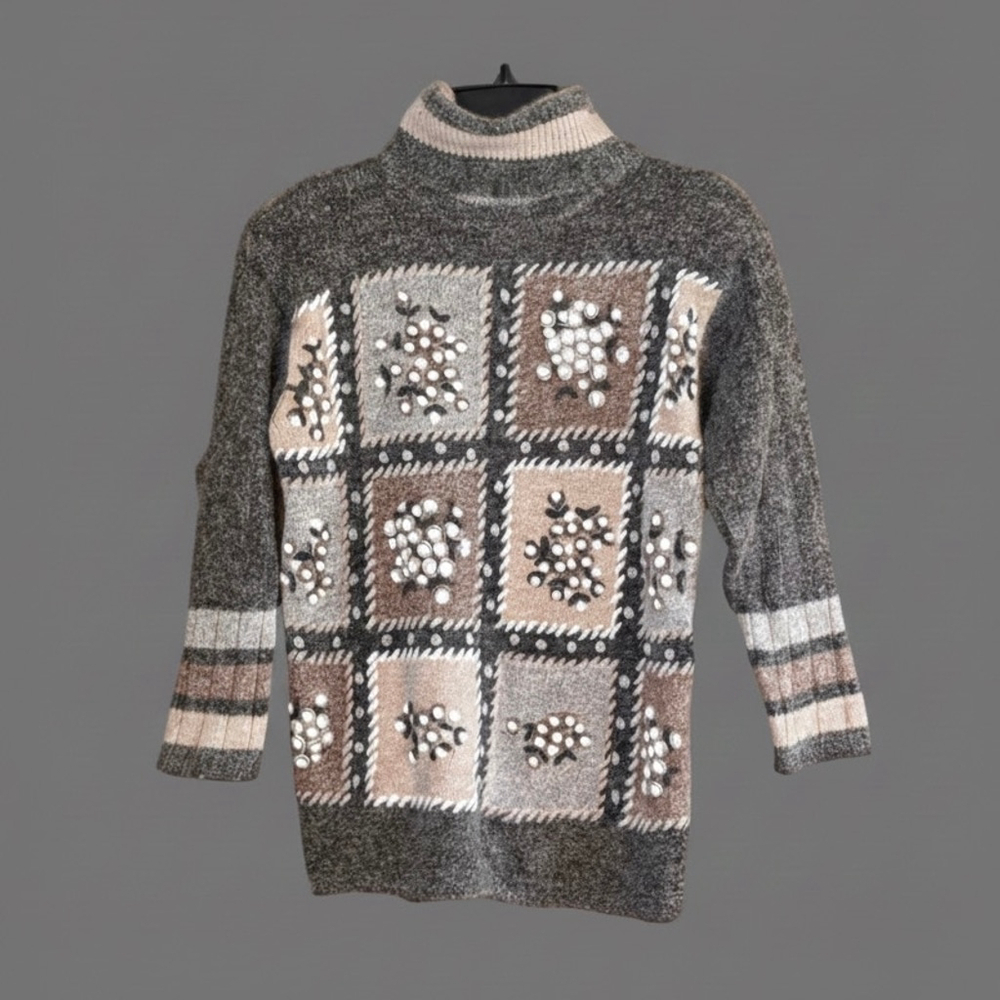 Vintage Silk Angora Wool Floral Patchwork Sweater Mock Neck Retro M